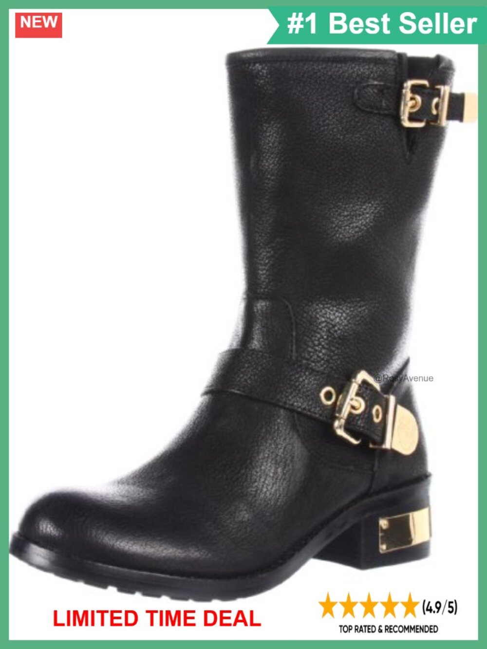 Leather Motorcycle Boots Block Heel Buckle Zip Ankle Boots